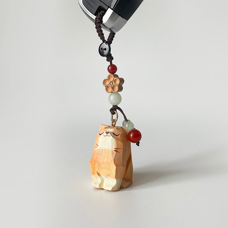 Handmade wood carving cat peach wood plum blossom woven keychain