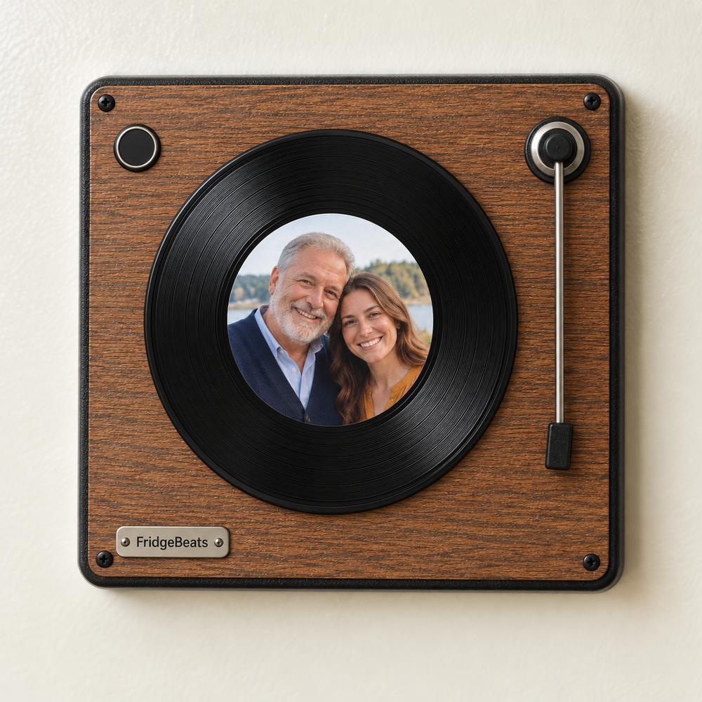 Wood-grain turntable-style music fridge magnet with a grooved photo vinyl of a father and adult daughter.