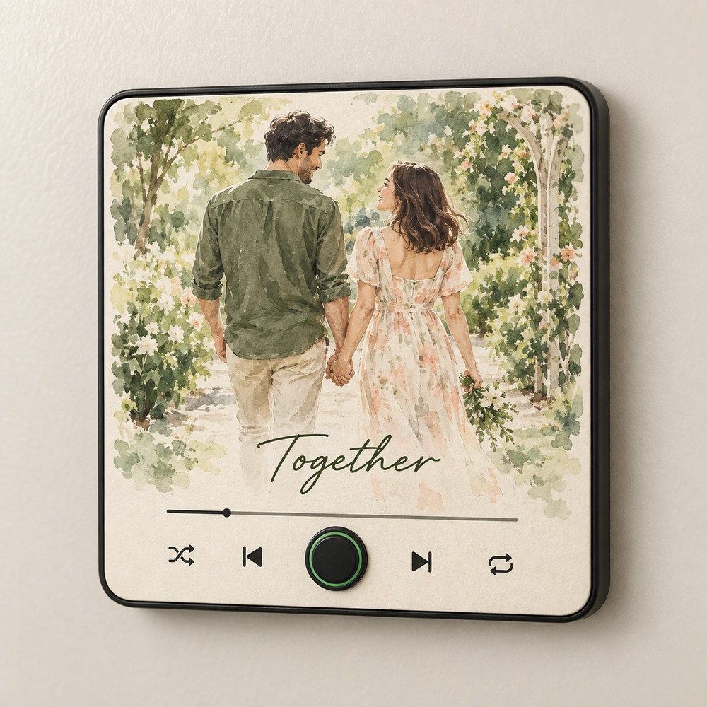 Black framed watercolor couple music fridge magnet with a blank green-ringed button and Together caption.