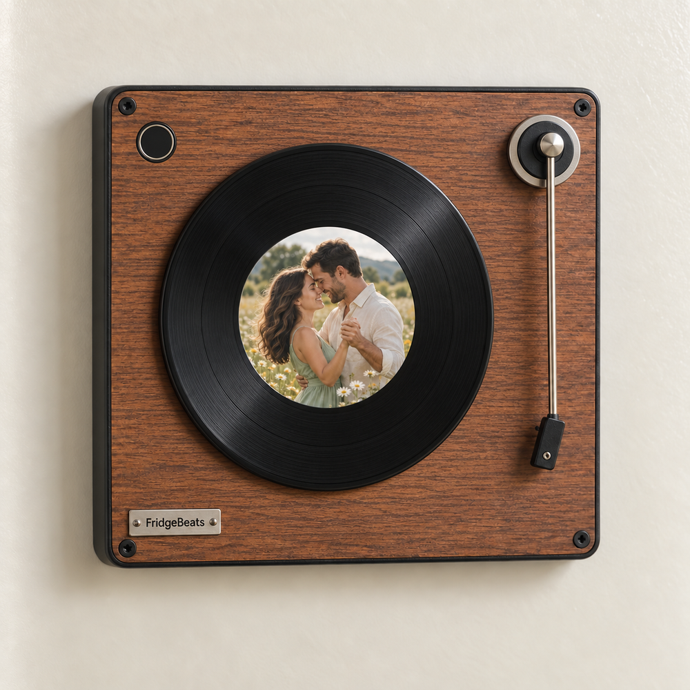 Wood-grain turntable photo music fridge magnet with a dancing couple on a black vinyl disc.