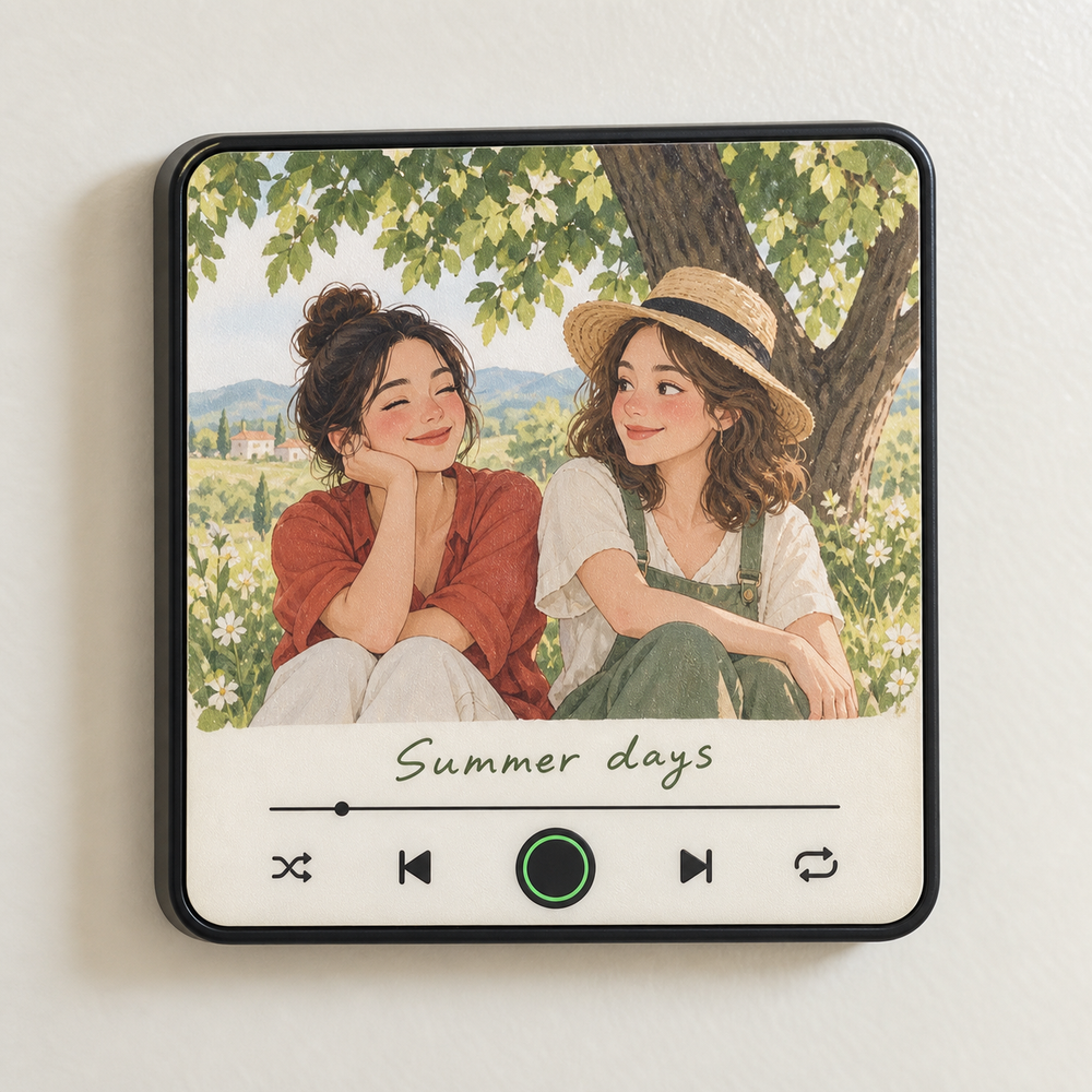 Black framed music fridge magnet with an original Summer days illustration of two women and a blank green-ringed button.