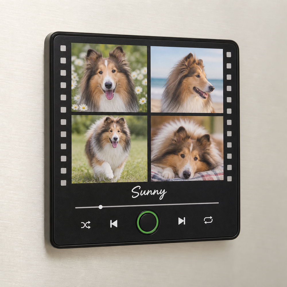 Black four-photo pet music fridge magnet featuring a collie named Sunny and blank green-ringed control.