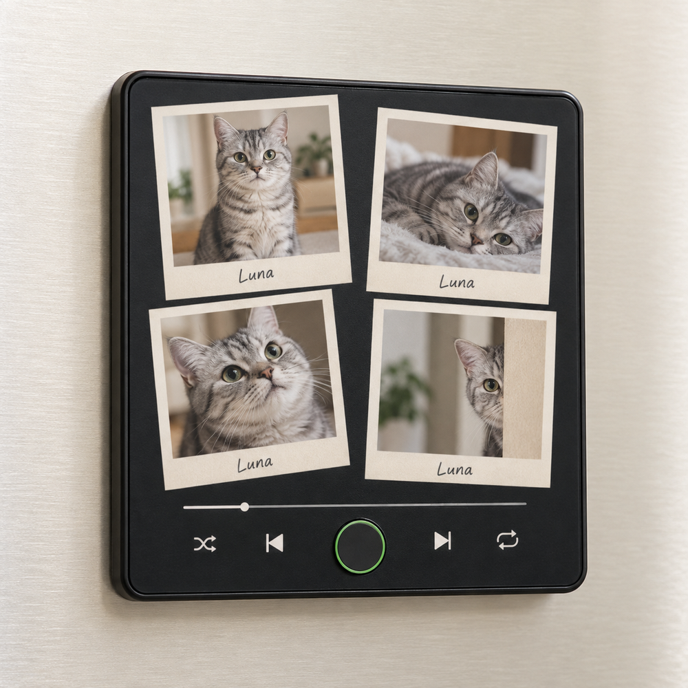 Black music fridge magnet with four printed instant photos of Luna the silver tabby cat and a blank green-ring button.