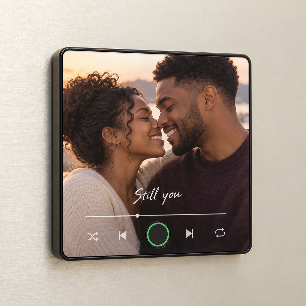 Black music fridge magnet showing a smiling couple at sunset with Still you caption and a blank green-ring button.