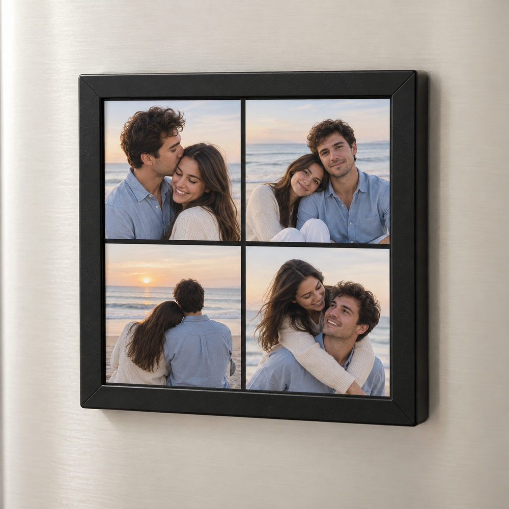 Black framed music fridge magnet with four beach photographs of the same couple.