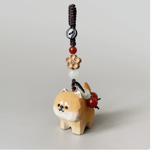 Handmade wood carving cat peach wood plum blossom woven keychain