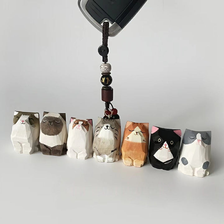 Handmade wood carving cat peach wood plum blossom woven keychain