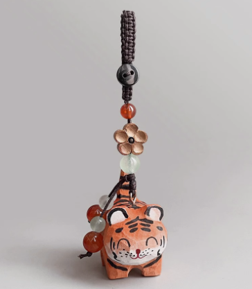 Handmade wood carving cat peach wood plum blossom woven keychain