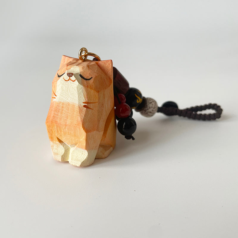 Handmade wood carving cat peach wood plum blossom woven keychain