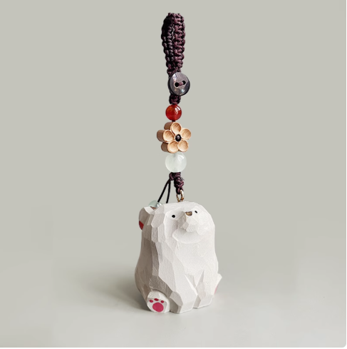 Handmade wood carving cat peach wood plum blossom woven keychain