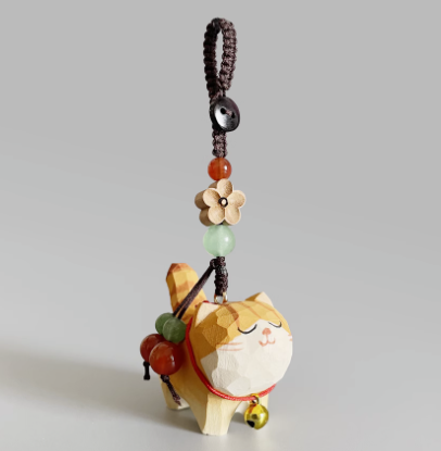 Handmade wood carving cat peach wood plum blossom woven keychain