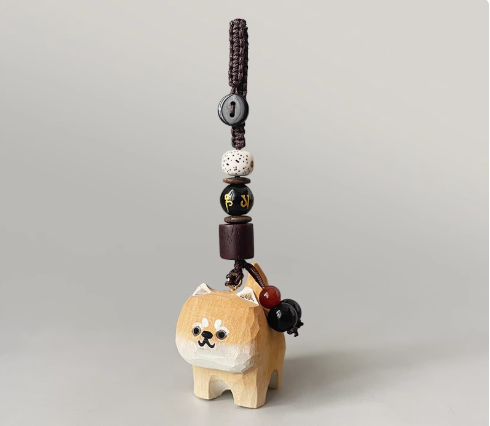 Handmade wood carving cat peach wood plum blossom woven keychain