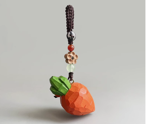 Handmade wood carving cat peach wood plum blossom woven keychain