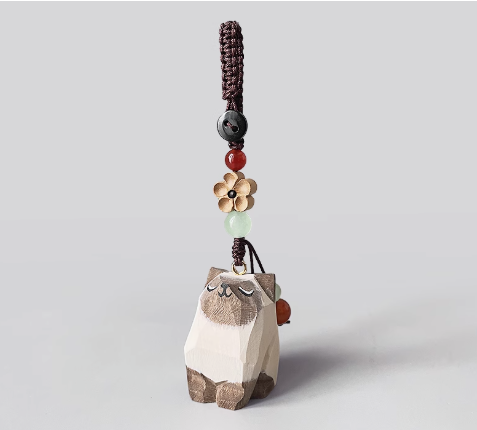 Handmade wood carving cat peach wood plum blossom woven keychain