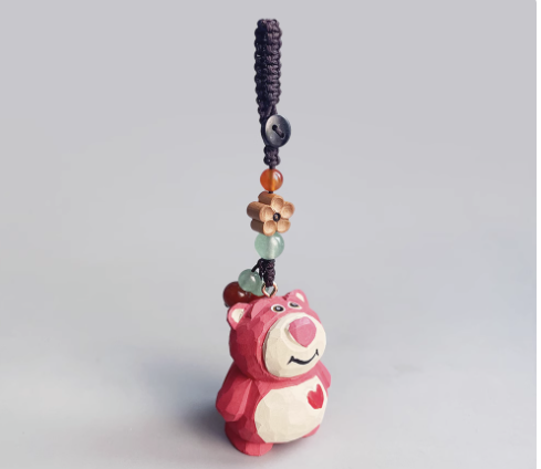 Handmade wood carving cat peach wood plum blossom woven keychain