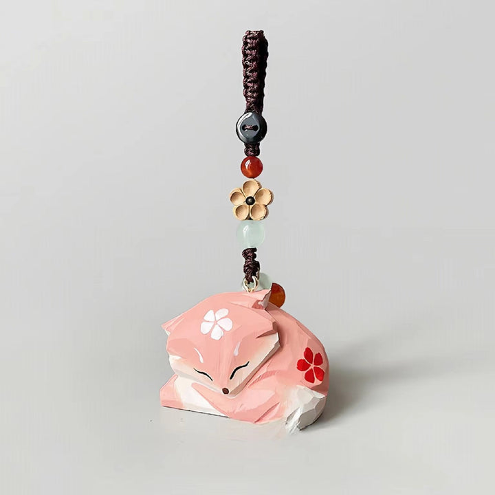 Handmade wood carving cat peach wood plum blossom woven keychain