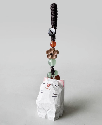 Handmade wood carving cat peach wood plum blossom woven keychain