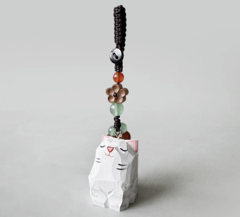 Handmade wood carving cat peach wood plum blossom woven keychain