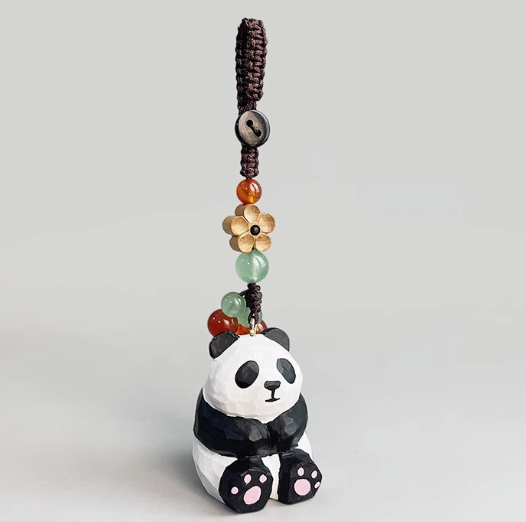 Handmade wood carving cat peach wood plum blossom woven keychain