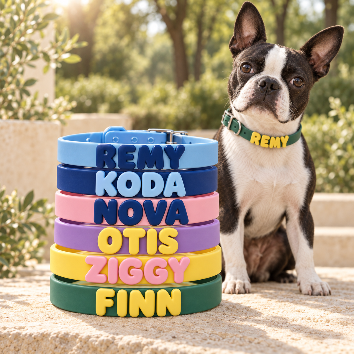 Six colourful personalized silicone collars stacked beside a Boston terrier wearing a REMY collar