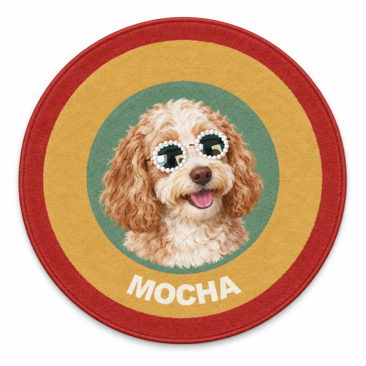 American Retro personalised round pet rug with plush texture and newly generated sample pets on a white background.