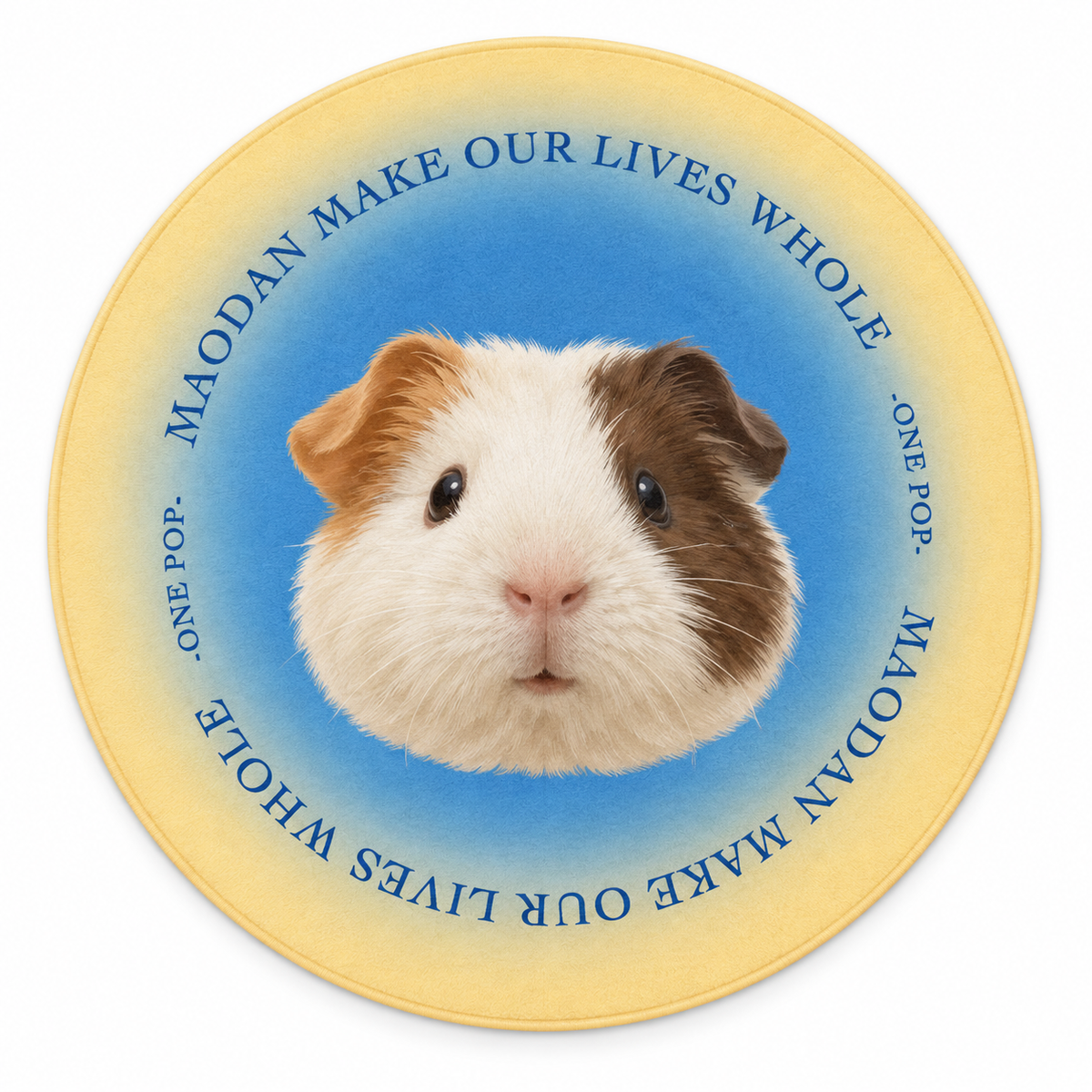 Blue & Yellow Gradient personalised round pet rug with plush texture and newly generated sample pets on a white background.