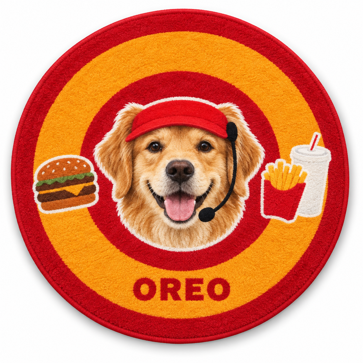 Burger & Fries personalised round pet rug with plush texture and newly generated sample pets on a white background.
