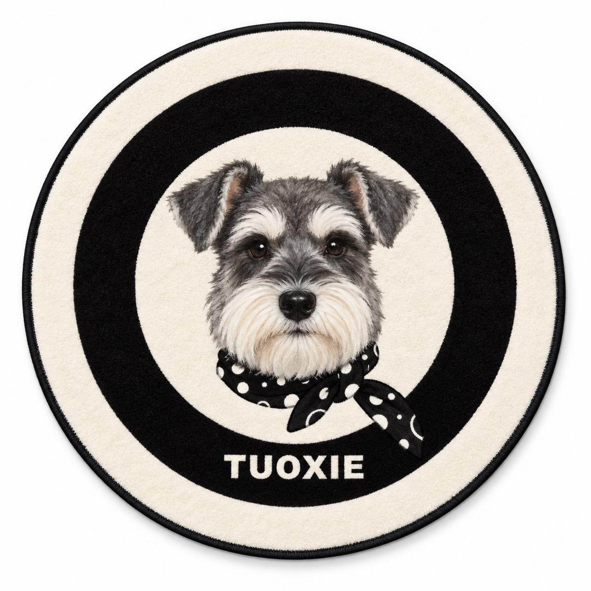 Classic Black & White personalised round pet rug with plush texture and newly generated sample pets on a white background.
