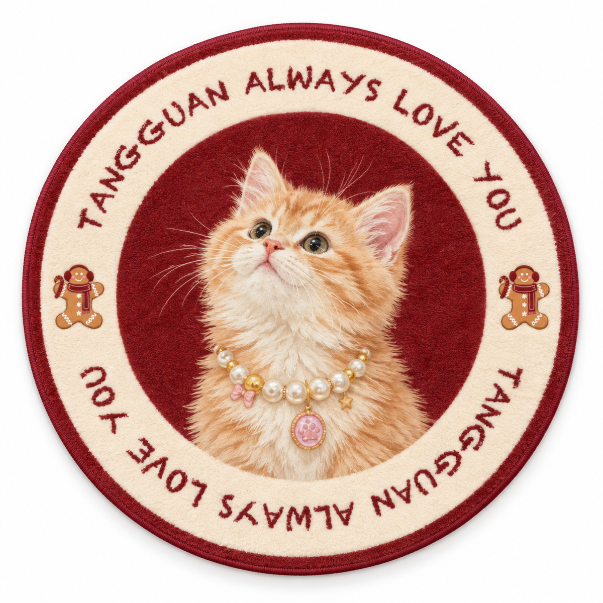 Cute Gingerbread personalised round pet rug with plush texture and newly generated sample pets on a white background.