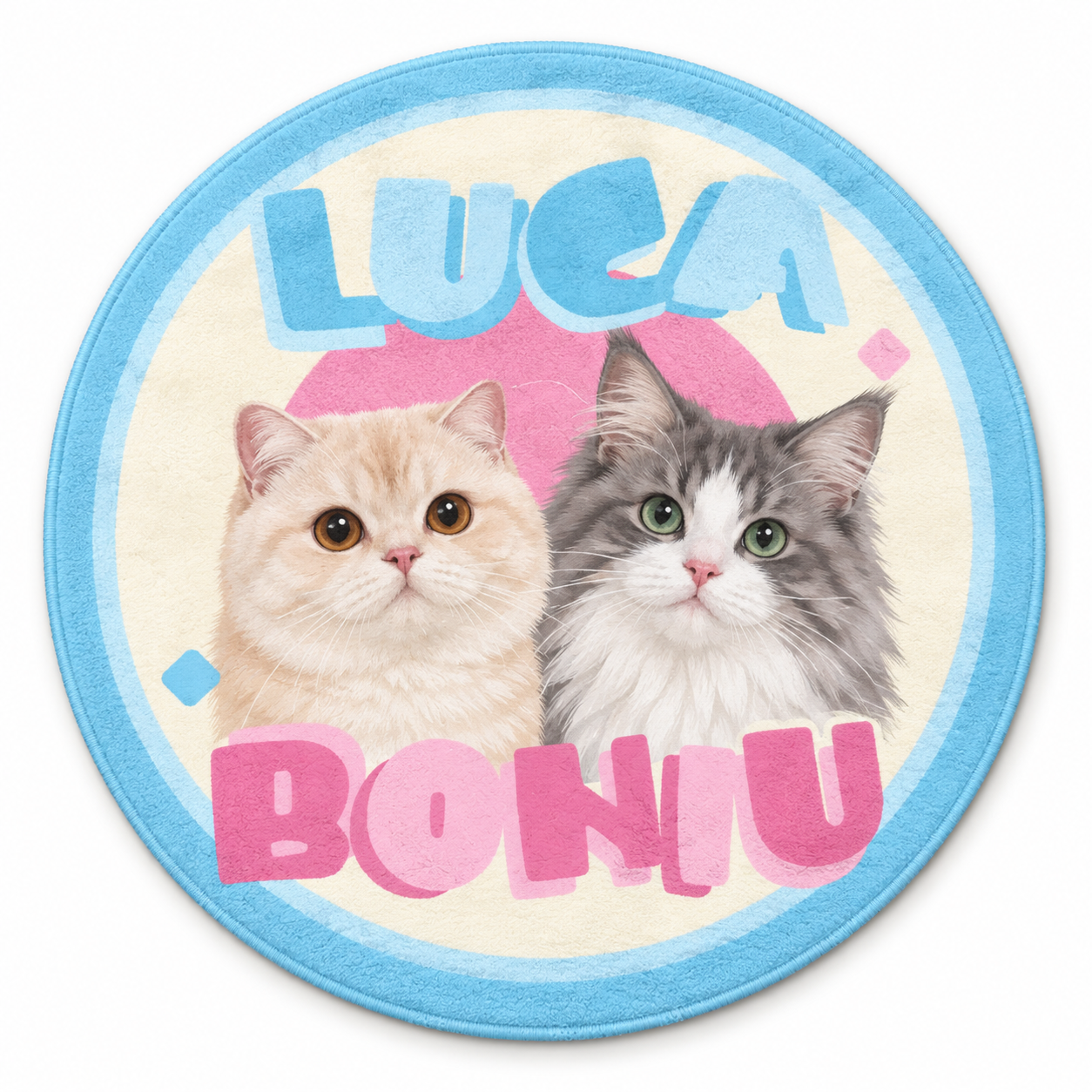 Kawaii Pastel personalised round pet rug with plush texture and newly generated sample pets on a white background.