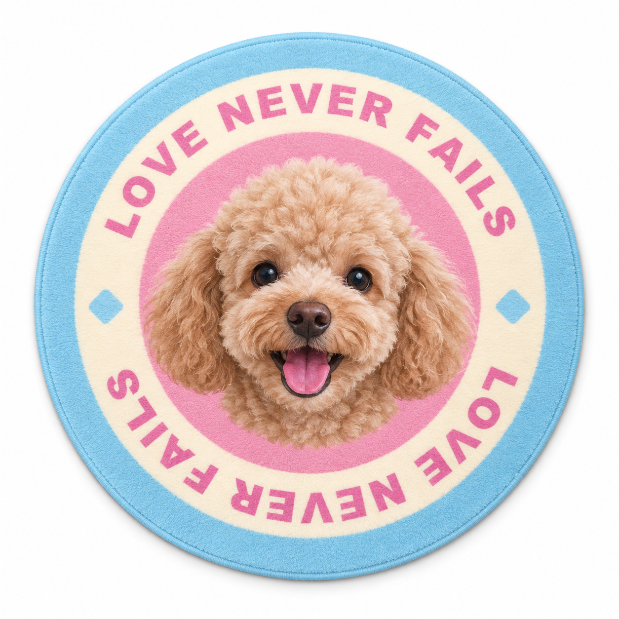 Pastel Letter Ring personalised round pet rug with plush texture and newly generated sample pets on a white background.
