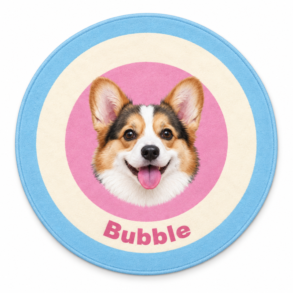 Pastel blue, cream and pink personalised round rug with a newly generated corgi portrait, on a white background.