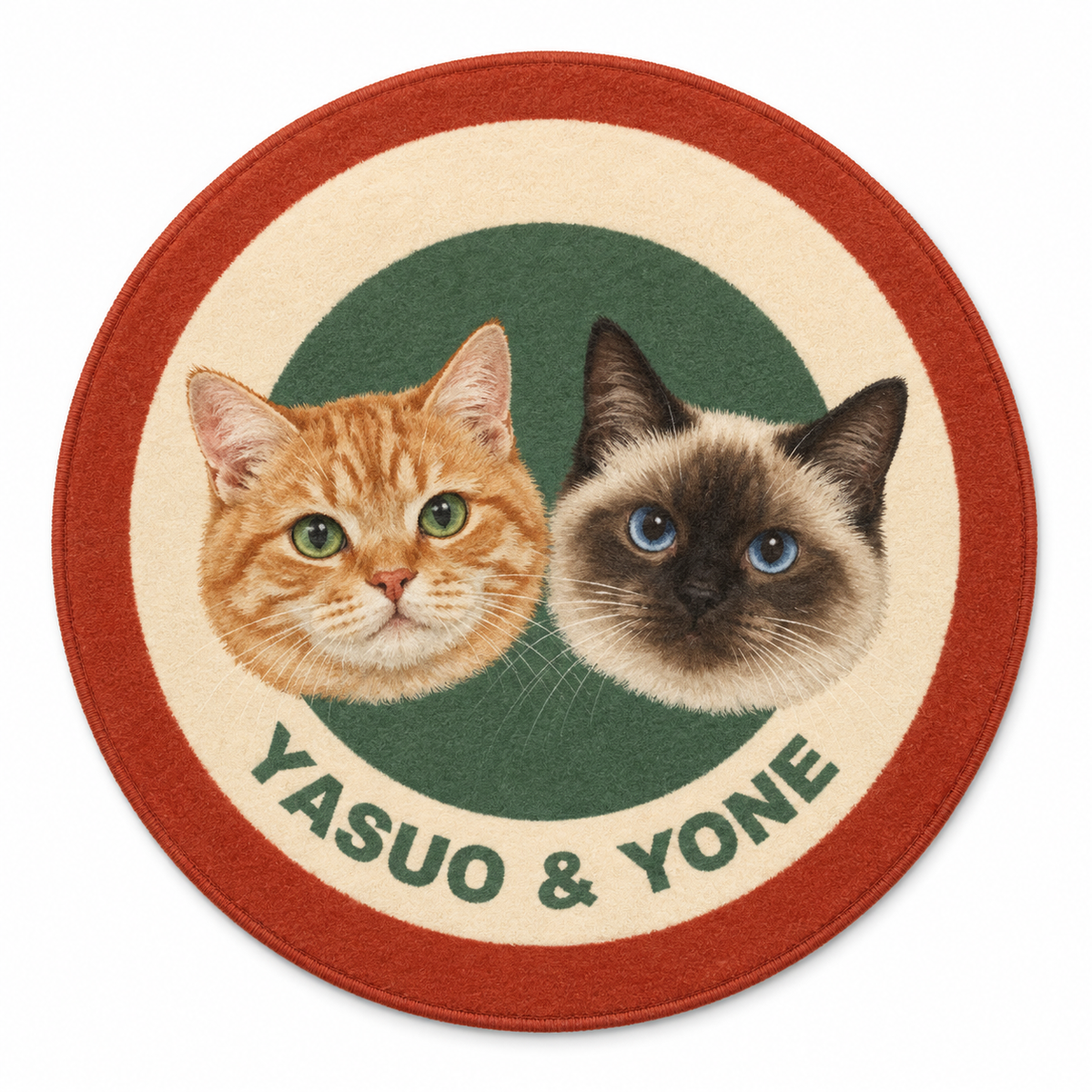 Retro Red & Green personalised round pet rug with plush texture and newly generated sample pets on a white background.
