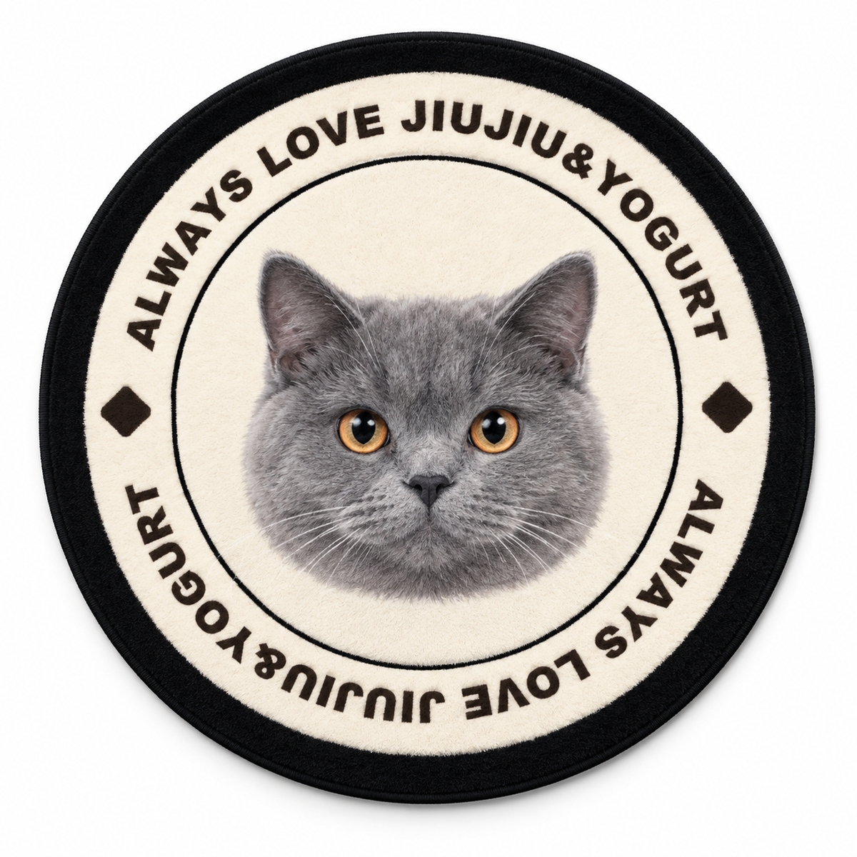 Vintage Letter Ring personalised round pet rug with plush texture and newly generated sample pets on a white background.