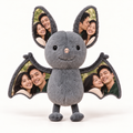 Personalised grey bat plush with four full-colour couple photos on the ears and wings, on a white background
