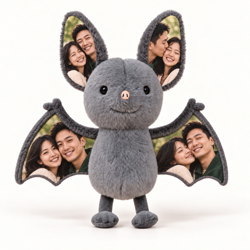 Personalised grey bat plush with four full-colour couple photos on the ears and wings, on a white background