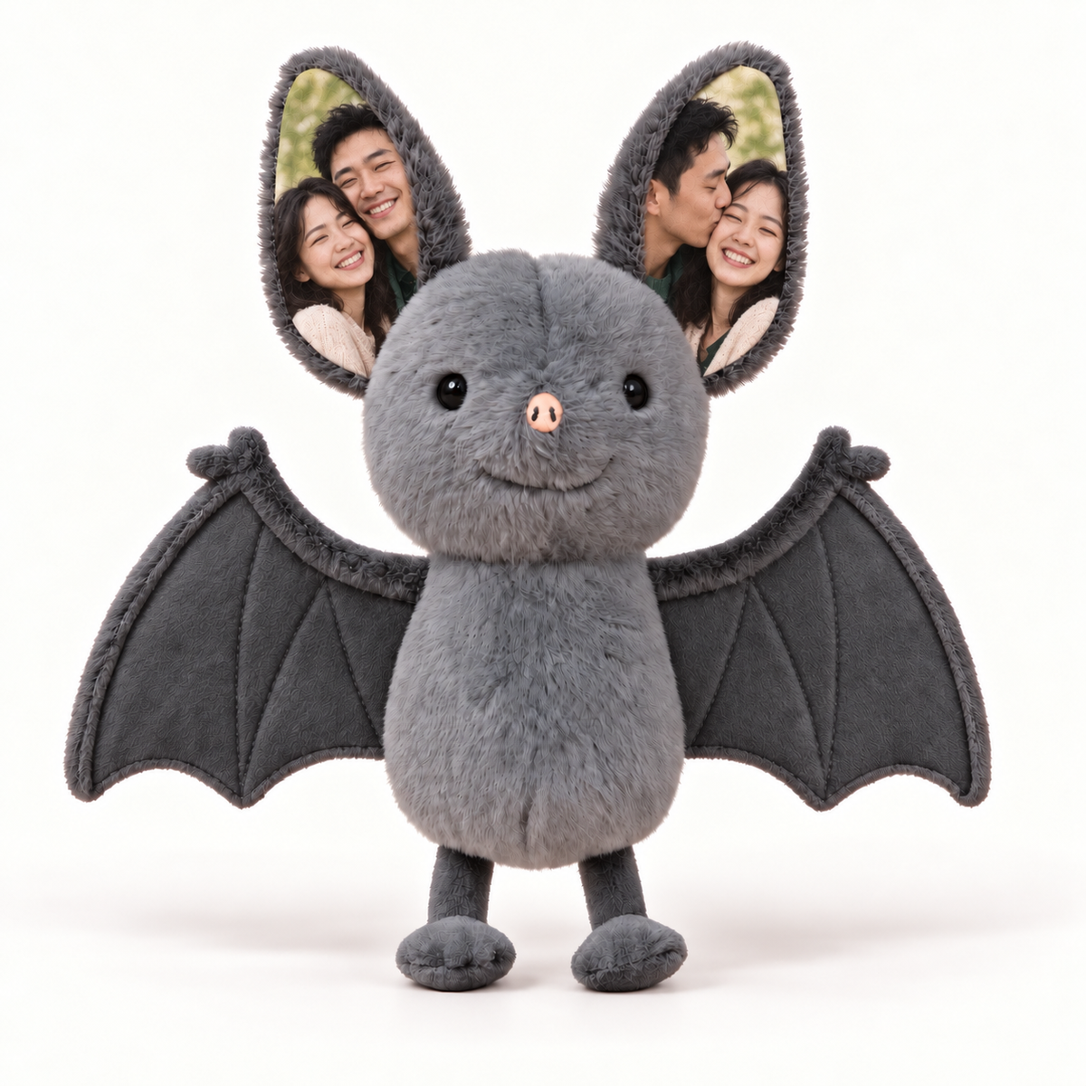 Personalised grey bat plush with two full-colour couple photos on the ears and plain grey wings, on a white background