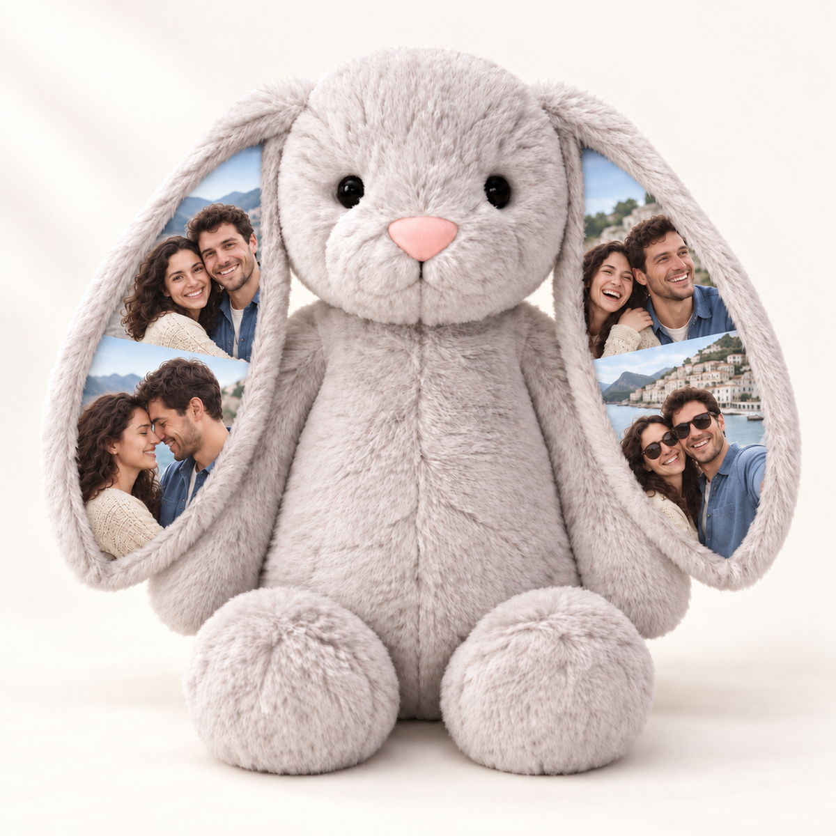 Grey personalized photo bunny — Grey, 4 Photo Ears, natural colour photo example.