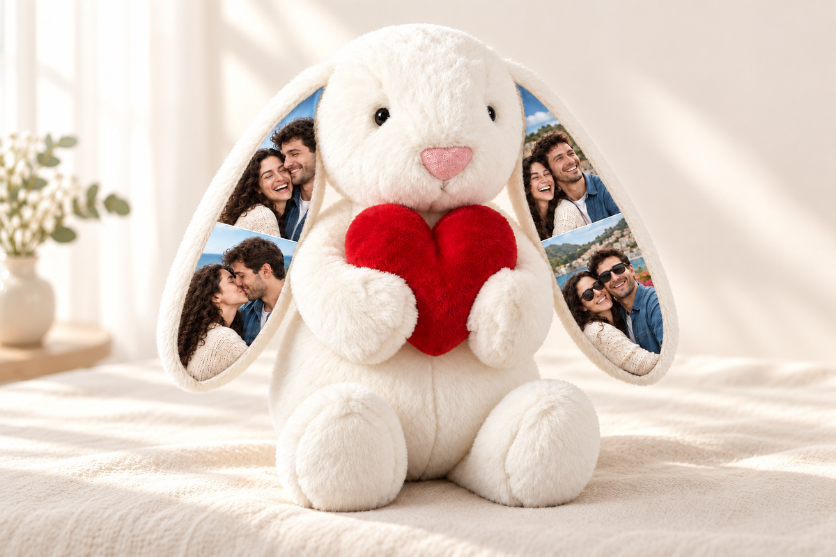 White Levida photo bunny holding a red heart, with four colour photos inside its ears.