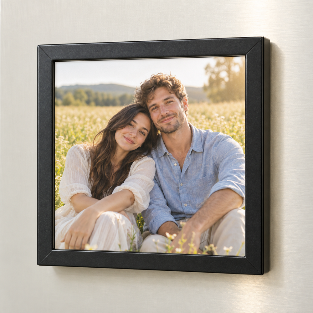 Black square frame-art music fridge magnet with a new couple photograph in a sunny meadow.