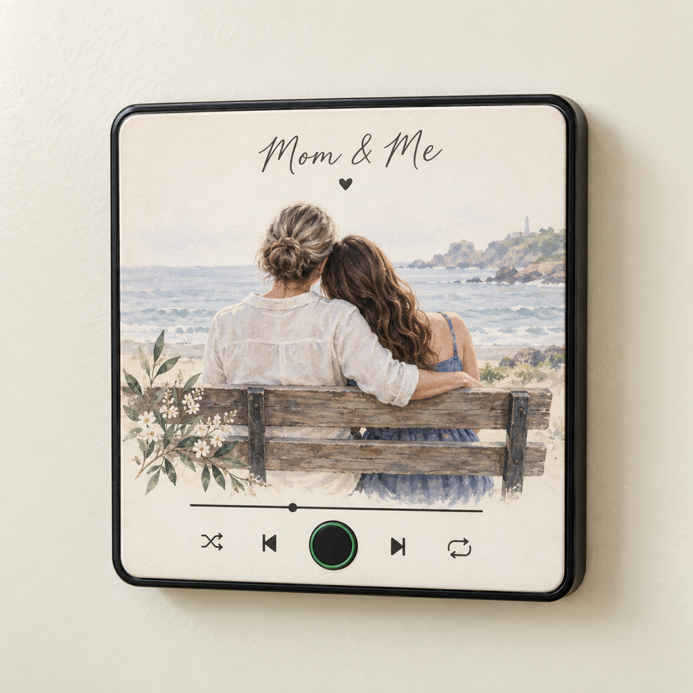 Mother and daughter illustration music fridge magnet with Mom & Me caption and blank green-ringed control.