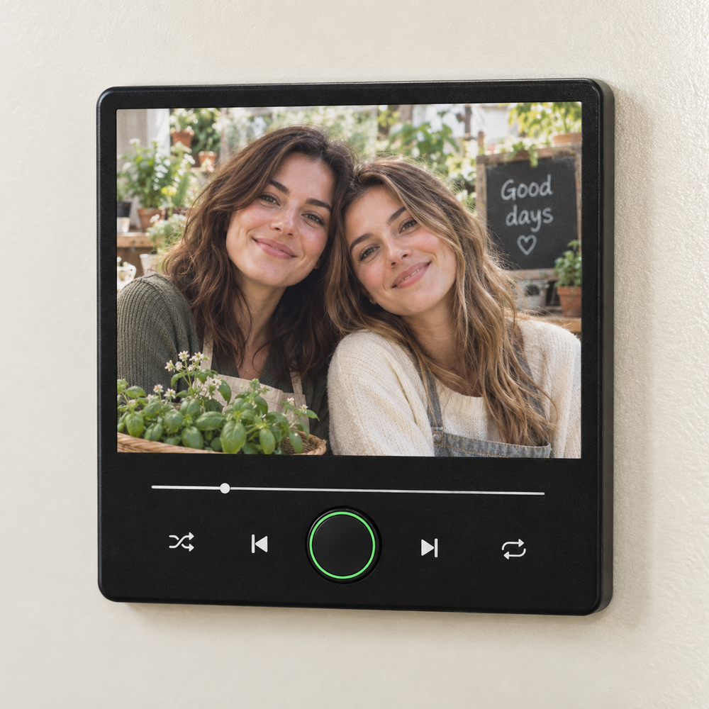 Black replaceable-photo music fridge magnet with two sisters in a garden and a blank green-ringed button.