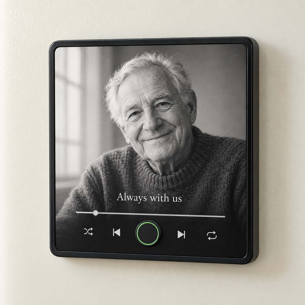 Black memorial music fridge magnet with a new monochrome grandfather portrait and Always with us caption.