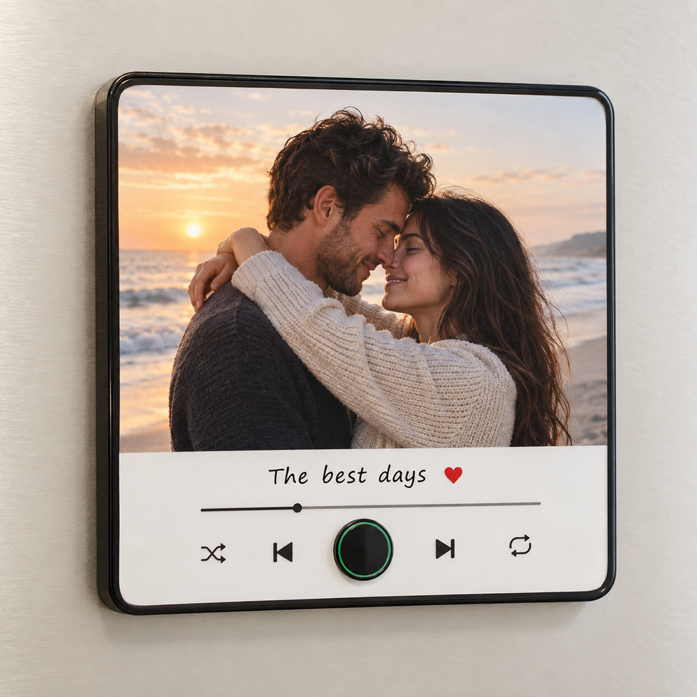 Black square photo and text music fridge magnet with a beach couple, white caption panel and blank green ring.