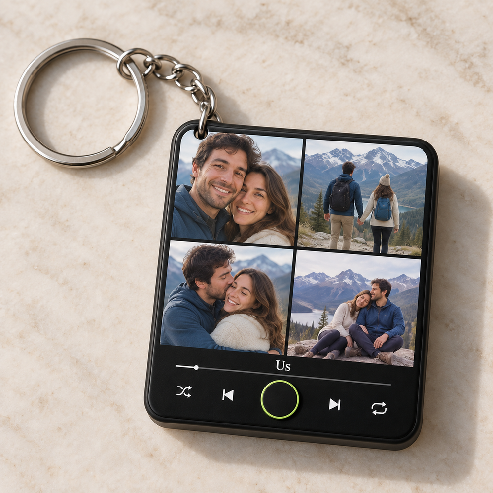 Four-photo square music keychain with a silver corner chain and mountain-trip couple collage.