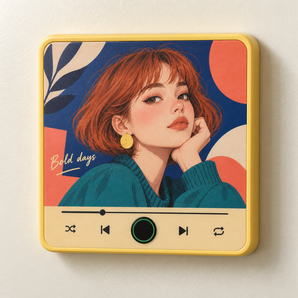 Yellow framed music fridge magnet with an original copper-haired pop-art portrait and a blank green-ring button.