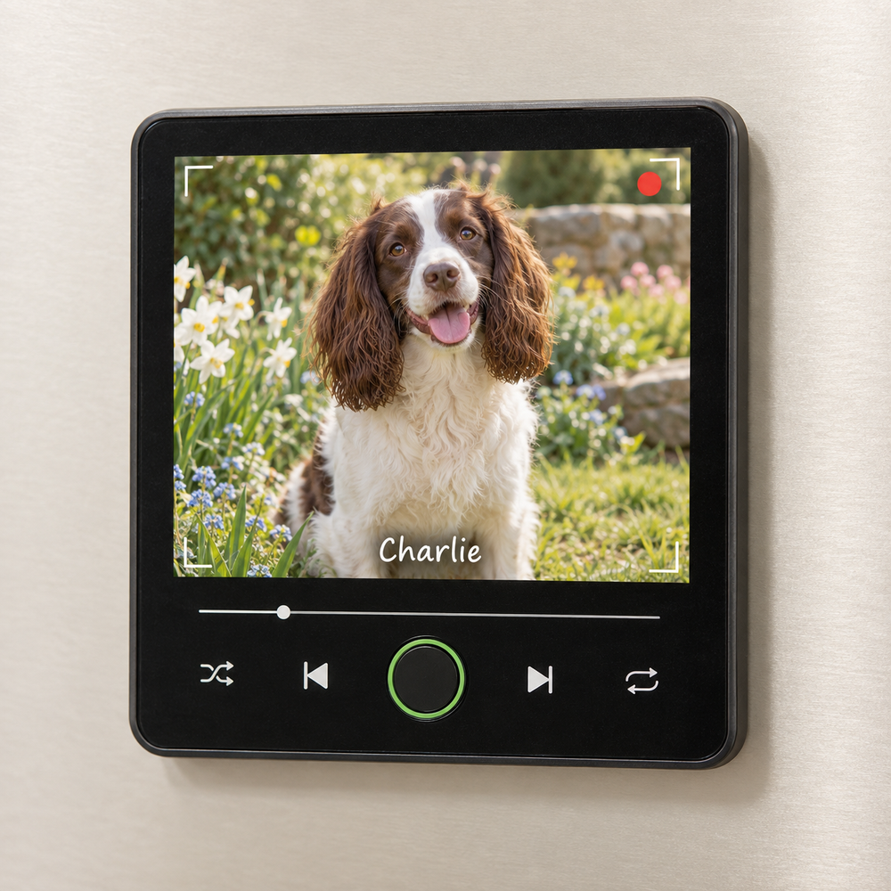 Black music fridge magnet with Charlie the spaniel in a printed camera viewfinder design and a blank green-ring button.