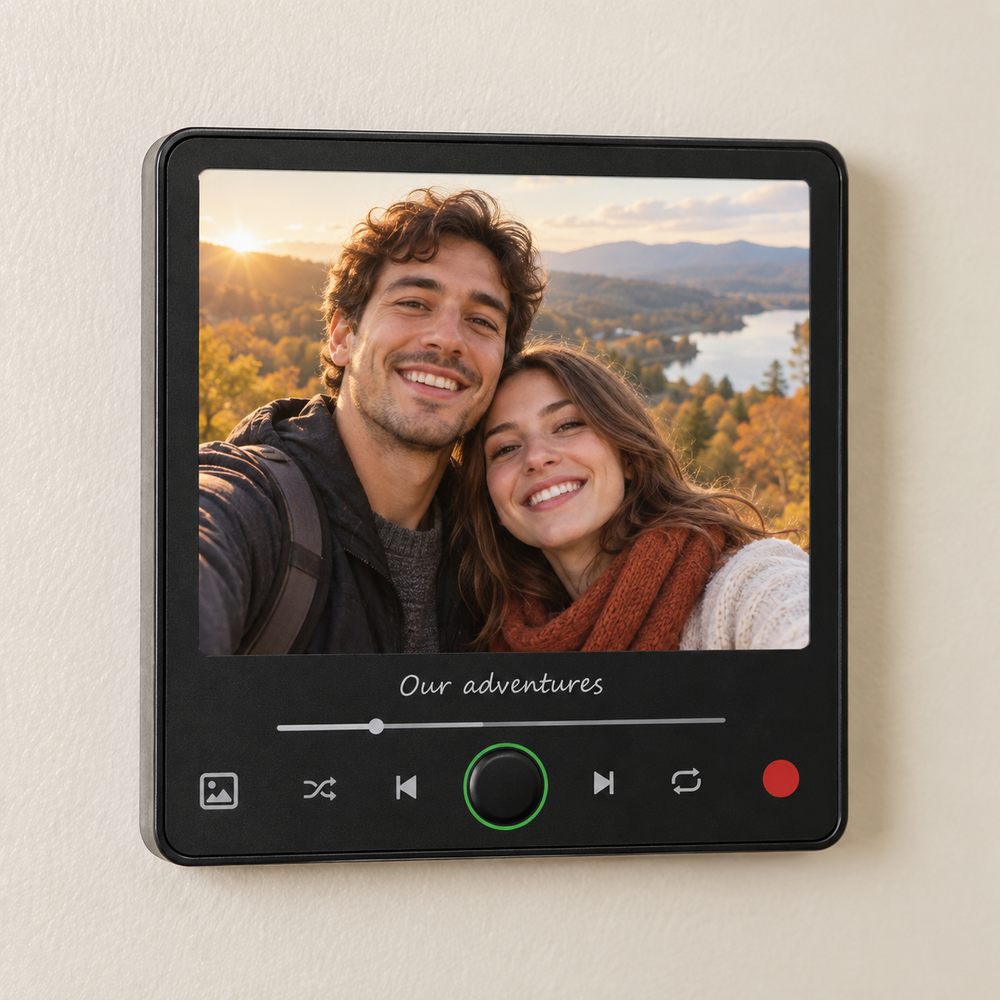 Black music fridge magnet showing a couple on an autumn walk with a printed camera-inspired panel and a blank green-ring button.