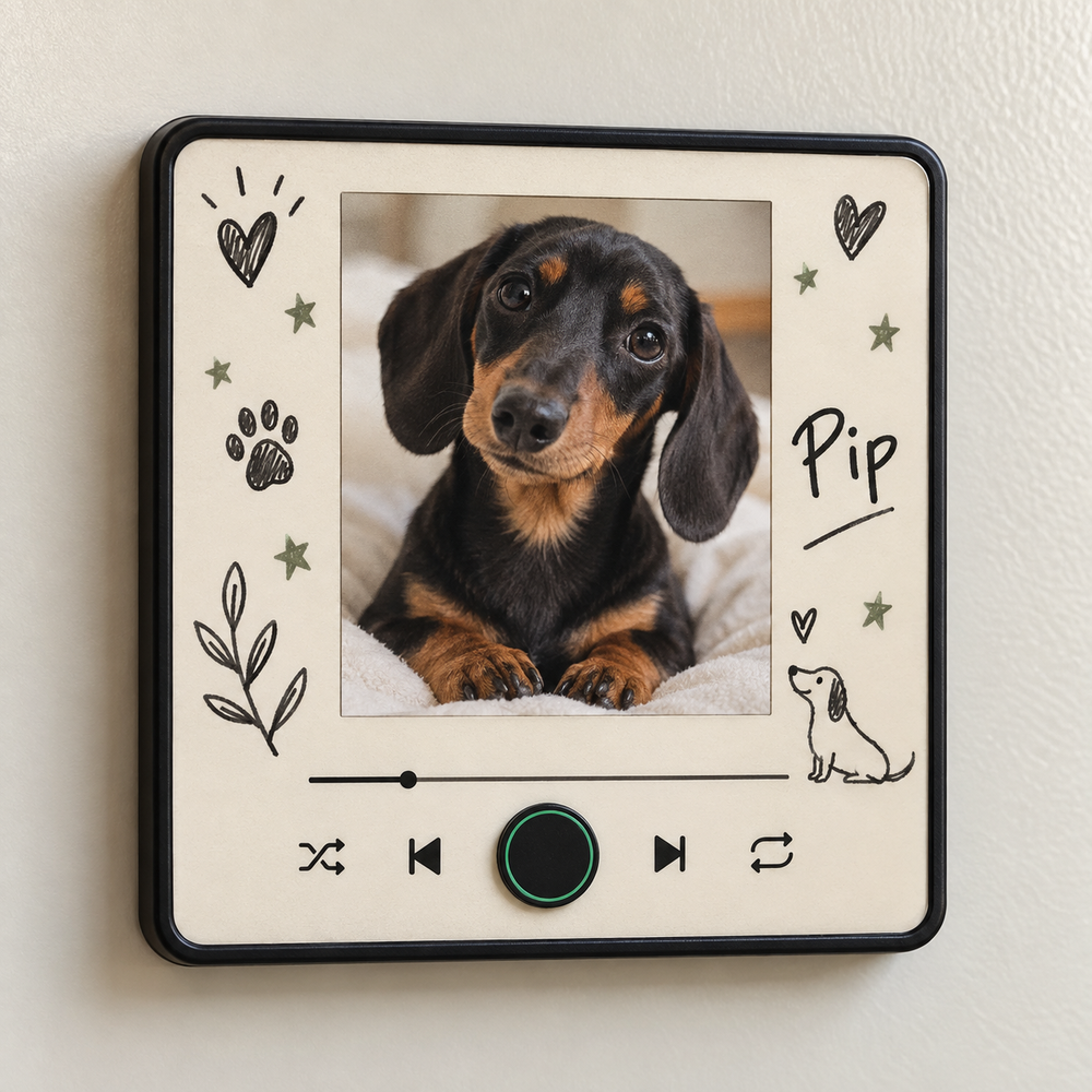 Black framed music fridge magnet with Pip the dachshund, ink doodles and sage stars on cream.