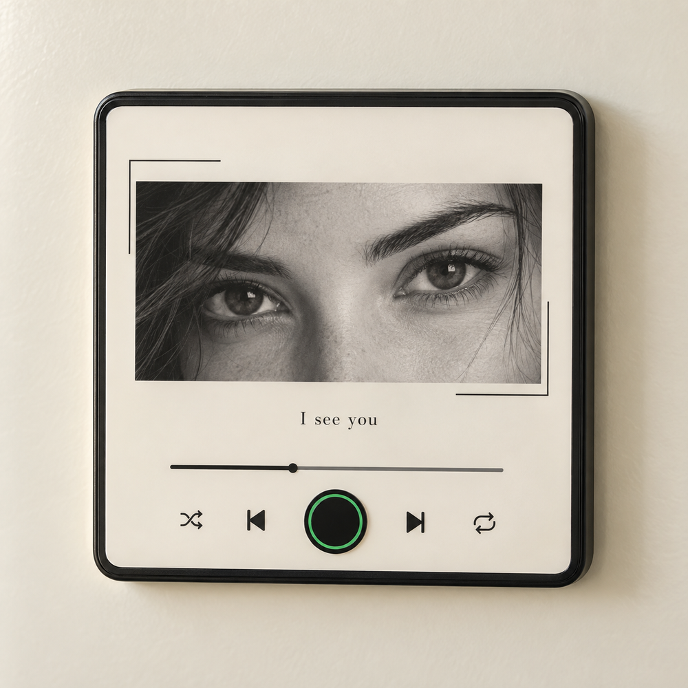 Black music fridge magnet with a monochrome close-up eye photograph, I see you caption and blank green-ring button.